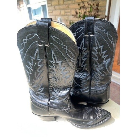 Nocona Vtg Black Premium Leather Cowboy Boots w/lizardskin Wingtips Mn’s Sz 10.5 main image 8
